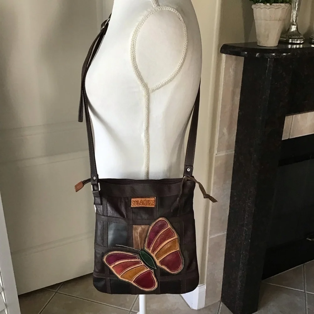 Leather Crossbody Purse Medellin Colombia Patchwork Butterfly Handmade Vintage